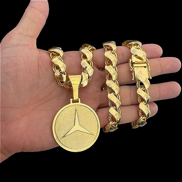 CORRENTE FRISO S DUPLA FACE( 13mm- 70cm) + PINGENTE MEDALHÃO MERCEDES G  - FECHO COM MARCAÇÃO 750- BANHADO A OURO 18K