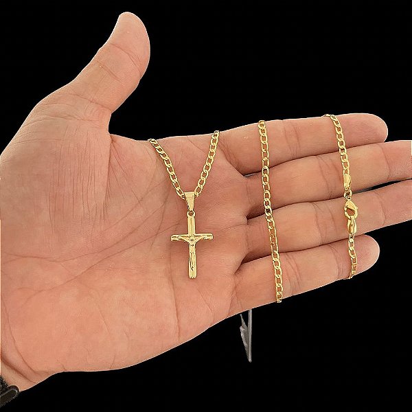 CORRENTE GRUMET (2mm -60 ou 70cm )+ PINGENTE CRUCIFIXO - BANHADO A OURO 18K