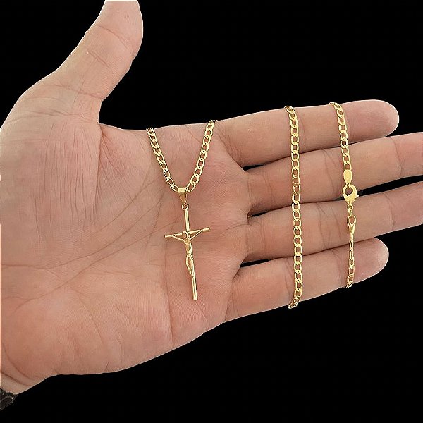 CORRENTE GRUMET( 2mm- 60 ou 70cm) + PINGENTE CRUCIFIXO - BANHADO A OURO 18K