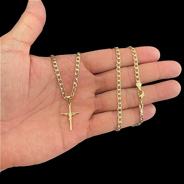 CORRENTE GRUMET( 2mm-60 ou 70cm) + PINGENTE CRUCIFIXO - BANHADO A OURO 18K