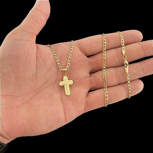 CORRENTE GRUMET (2mm 60 ou 70cm) + PINGENTE CRUCIFIXO CHAPADO - FECHO COM MARCAÇÃO 750-  BANHADO A OURO 18K.