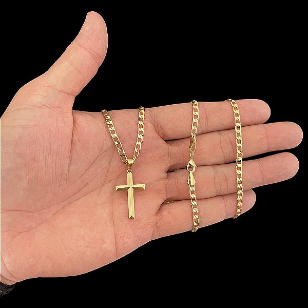 CORRENTE GRUMET (2mm -60 ou 70cm )+ PINGENTE CRUZ DETALHADA - BANHADO A OURO 18K