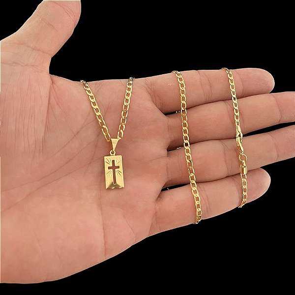 CORRENTE GRUMET (2mm -60 ou 70cm )+ PINGENTE CRUZ VAZADA. - BANHADO A OURO 18K