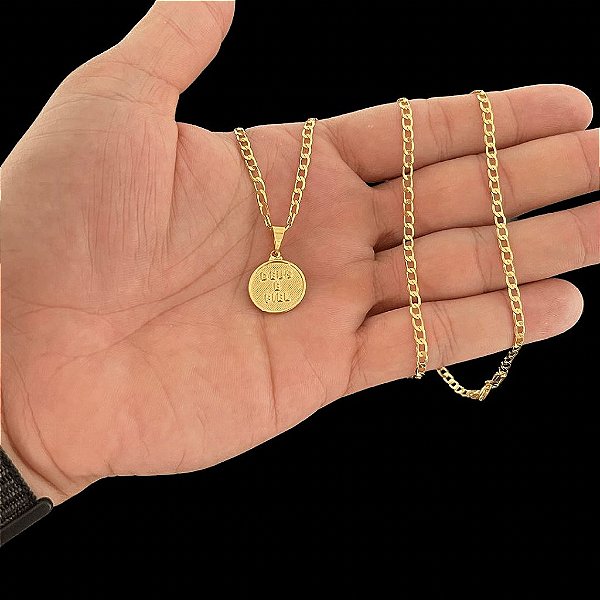 CORRENTE GRUMET( 2mm- 60 ou 70cm) + PINGENTE DEUS É FIEL - FECHO COM MARCAÇÃO 750 -BANHADO A OURO 18K.