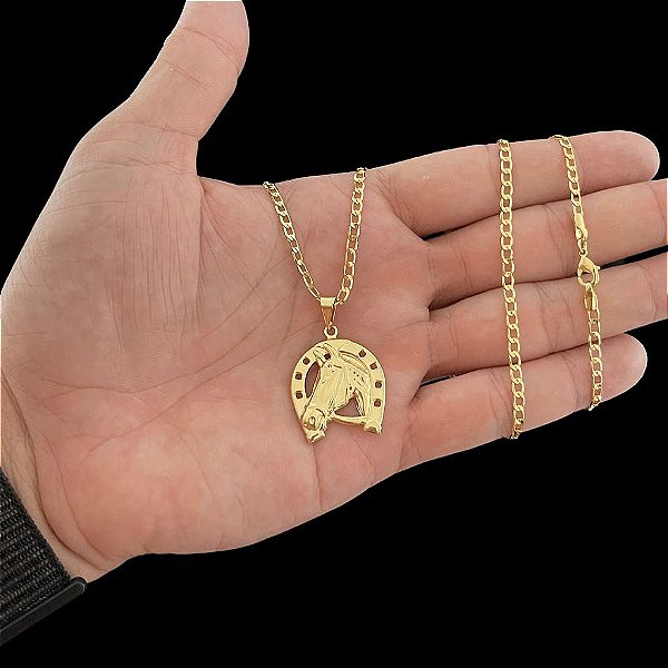 CORRENTE GRUMET( 2mm 60 ou 70cm) + PINGENTE FERRADURA DE CAVALO - BANHADO A OURO 18K.