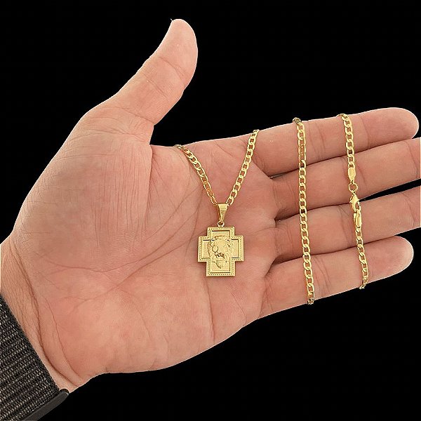 CORRENTE GRUMET( 2mm- 60 ou 70cm) + PINGENTE LEÃO DE JUDÁ -  FECHO COM MARCAÇÃO 750 - BANHADO A OURO 18K.