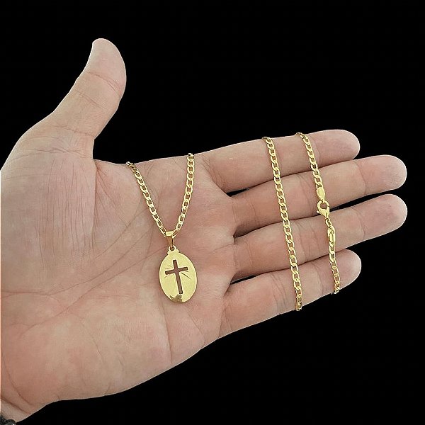 CORRENTE GRUMET (2mm 60 ou 70cm) + PINGENTE MEDALHA CRUZ VAZADA.