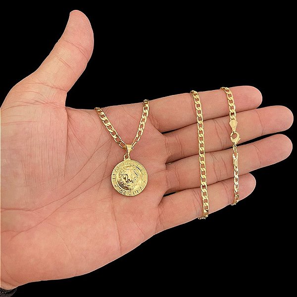 CORRENTE GRUMET( 2mm 60 ou 70cm) + PINGENTE MEDALHA LEÃO DE JUDA