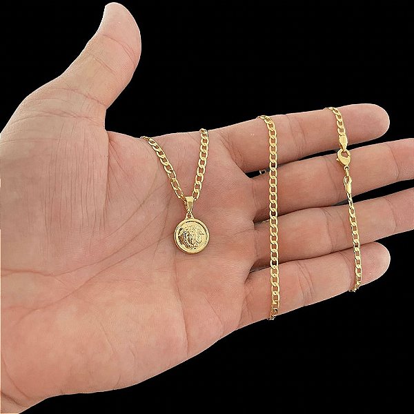 CORRENTE GRUMET( 2mm 60 ou 70cm )+ PINGENTE MEDUSA -  FECHO COM MARCAÇÃO 750 -  BANHADO A OURO 18K.