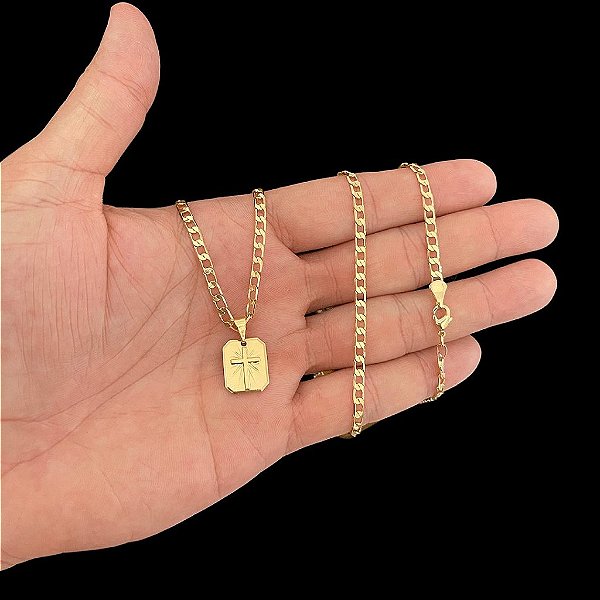 CORRENTE GRUMET (2mm 60 ou 70cm) + PINGENTE PLAQUINHA COM CRUZ- BANHADO A OURO 18K.