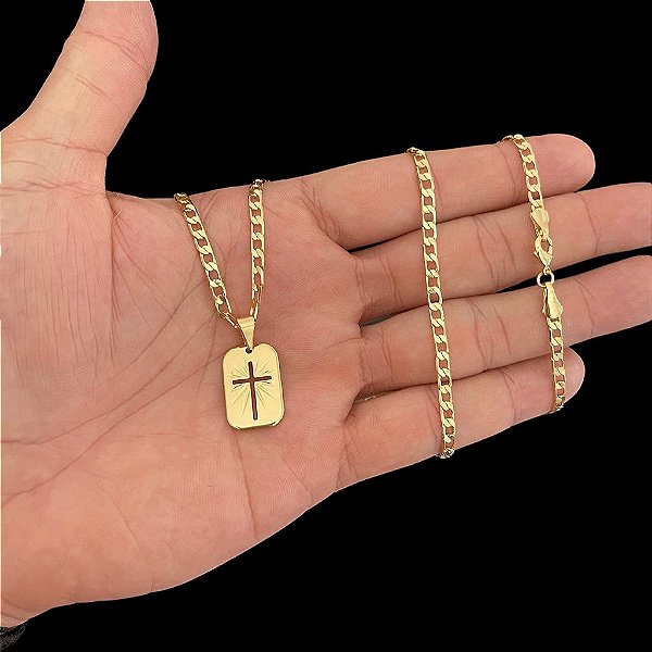 CORRENTE GRUMET( 2mm 60 ou 70cm) + PINGENTE PLAQUINHA COM CRUZ VAZADA