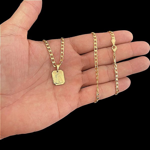 CORRENTE GRUMET( 2mm 60 ou 70cm) + PINGENTE PLAQUINHA NOSSA SENHORA - BANHADO A OURO 18K.