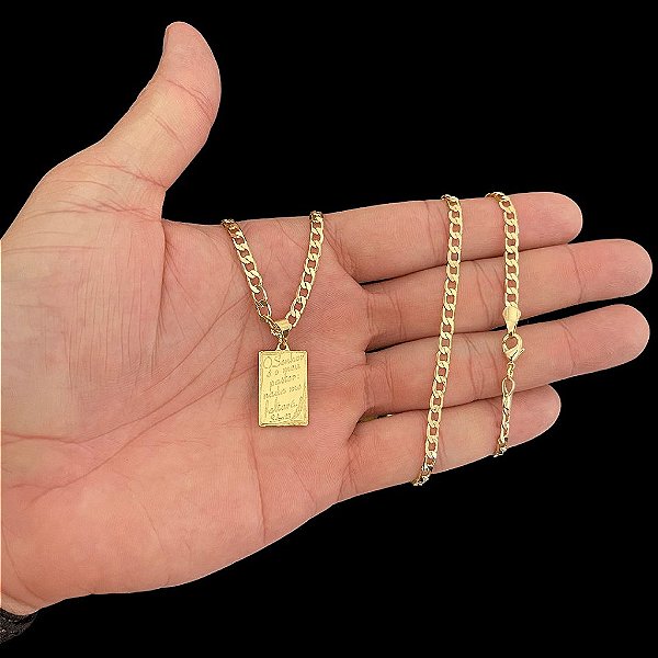 CORRENTE GRUMET( 2mm 60 ou 70cm) + PINGENTE PLAQUINHA SALMOS - BANHADO A OURO 18K.