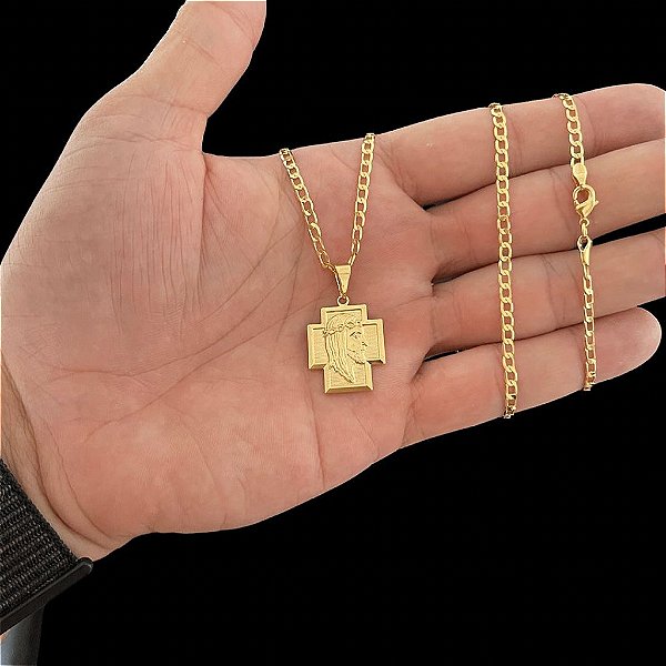 CORRENTE GRUMET( 2mm 60 ou 70cm) + PINGENTE ROSTO DE JESUS - BANHADO A OURO 18K