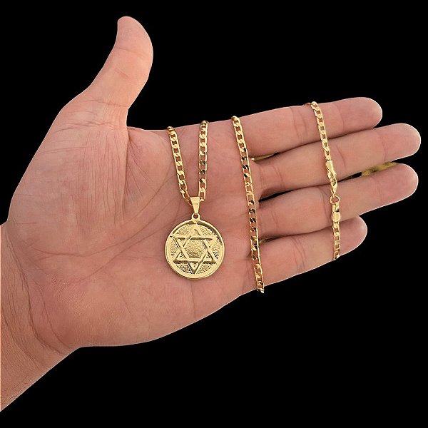 CORRENTE  GRUMET( 2mm 70/60cm) + PINGENTE MEDALHA MACIÇA ESTRELA DE DAVI - BANHADO A OURO 18K