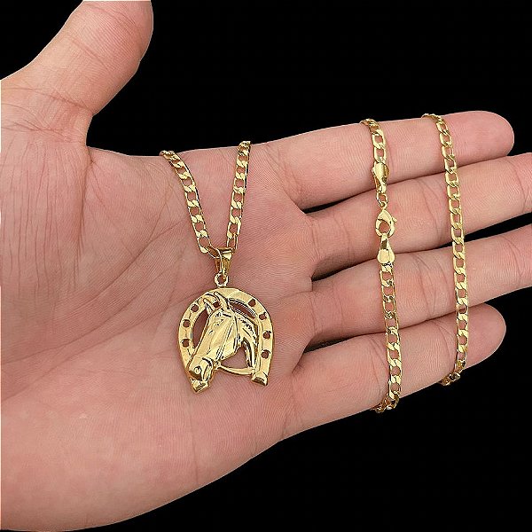 CORRENTE GRUMET( 3mm 70cm) + PINGENTE FERRADURA DE CAVALO - BANHADO A OURO 18K