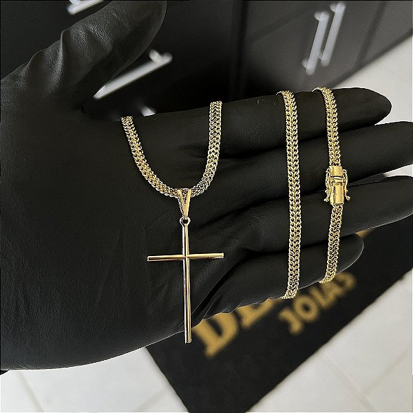 CORRENTE GRUMET DUPLA FECHO GAVETA COM MARCAÇÃO  750 (4mm - 70cm )+ PINGENTE CRUZ PALITO - BANHADO A OURO 18K