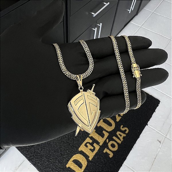 CORRENTE GRUMET DUPLA FECHO GAVETA COM MARCAÇÃO  750 (4mm - 70cm )+ PINGENTE ESCUDO DA FÉ  - BANHADO A OURO 18K