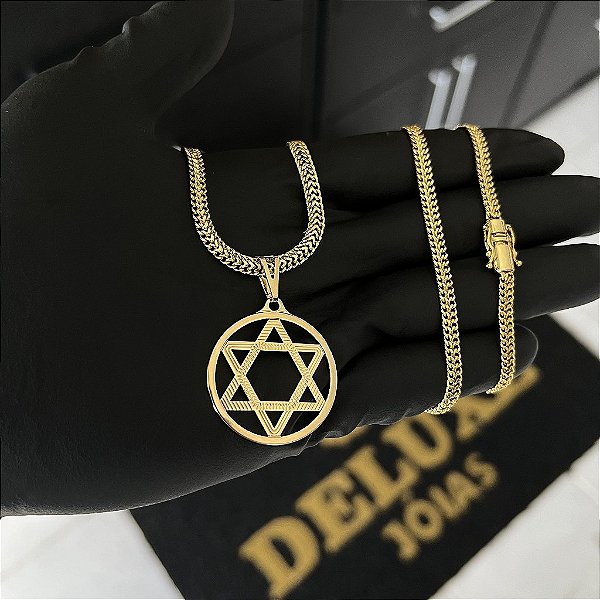 CORRENTE GRUMET DUPLA FECHO GAVETA COM MARCAÇÃO  750 (4mm - 70cm )+ PINGENTE MEDALHA ESTRELA DE DAVI VAZADA  - BANHADO A OURO 18K