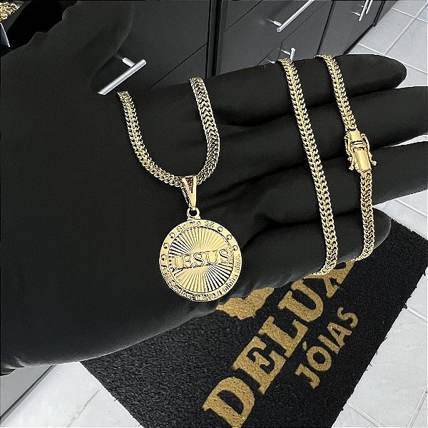 CORRENTE GRUMET DUPLA FECHO GAVETA COM MARCAÇÃO  750 (4mm - 70cm )+ PINGENTE MEDALHA JESUS  - BANHADO A OURO 18K