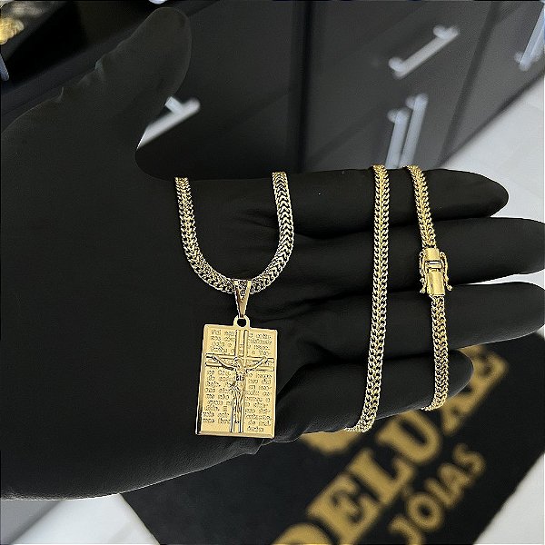 CORRENTE GRUMET DUPLA FECHO GAVETA COM MARCAÇÃO  750 (4mm - 70cm )+ PINGENTE PLACA PAI NOSSO  - BANHADO A OURO 18K