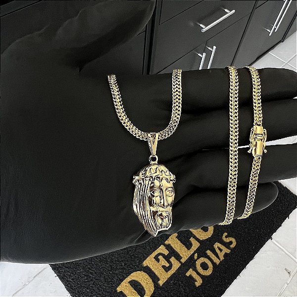 CORRENTE GRUMET DUPLA FECHO GAVETA COM MARCAÇÃO  750 (4mm - 70cm )+ PINGENTE ROSTO DE JESUS - BANHADO A OURO 18K