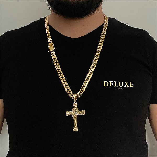 CORRENTE LACRAIA (10mm- 70cm )+ PINGENTE CRUZ CRAVEJADA AMARRADA GRANDE - BANHADO A OURO 18K