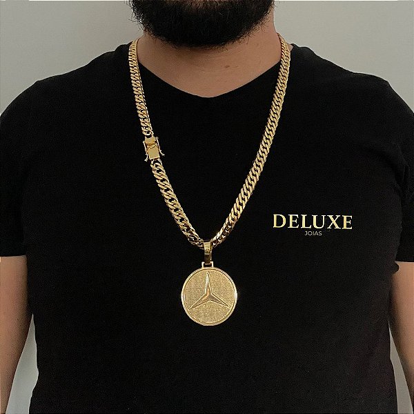 CORRENTE LACRAIA (10mm -70cm )+ PINGENTE FAVELA MEDALHÃO MERCEDES -FECHO COM MARCAÇÃO 750 - BANHADO A OURO 18K