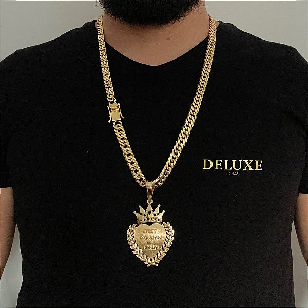 CORRENTE LACRAIA (10mm -70cm )+ PINGENTE JESUS É O DONO DO LUGAR - FECHO COM MARCAÇÃO 750 - BANHADO A OURO 18K