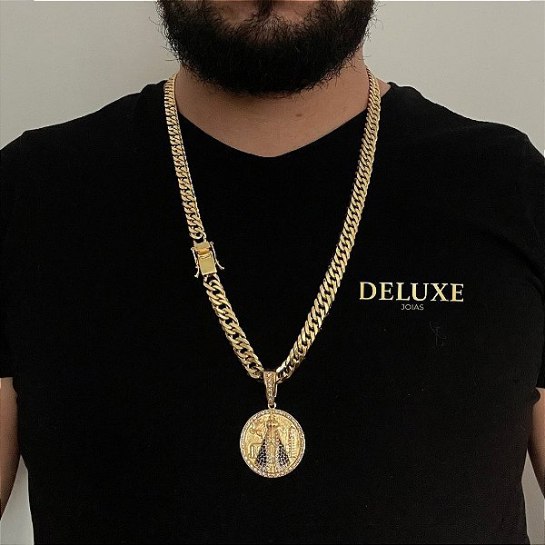 CORRENTE LACRAIA (10mm- 70cm )+ PINGENTE MEDALHA DE NOSSA SENHOA - BANHADO A OURO 18K