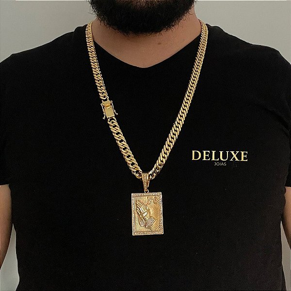 CORRENTE LACRAIA (10mm- 70cm )+ PINGENTE PLACA FÉ GRANDE -  FECHO COM MARCAÇÃO 750 - BANHADO A OURO 18K