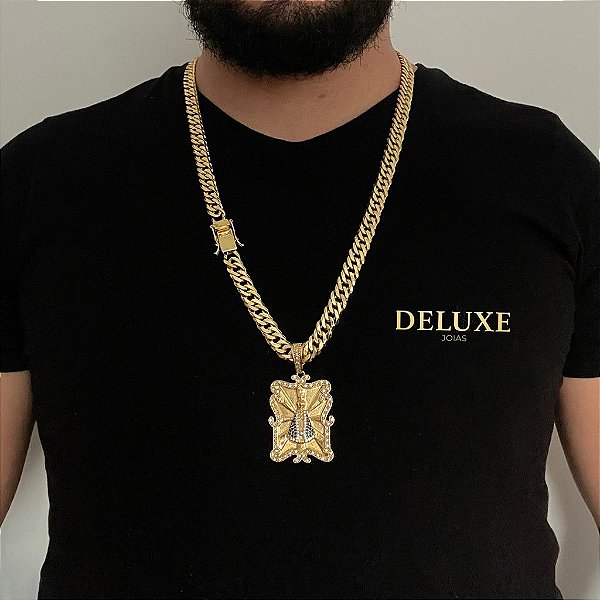 CORRENTE LACRAIA( 10mm- 70cm) + PINGENTE PLACA NOSSA SENHORA CRAVEJADA GRANDE - BANHADO A OURO 18K
