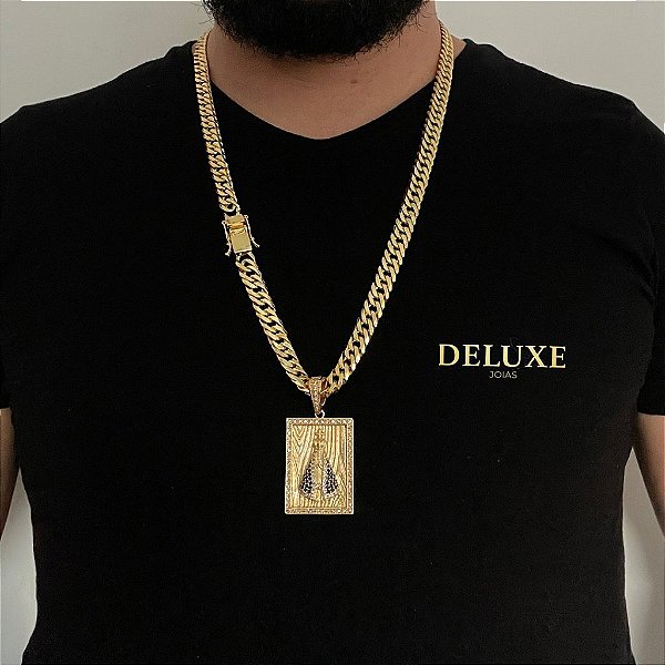 CORRENTE LACRAIA (10mm- 70cm) + PINGENTE PLACA NOSSA SENHORA G  - FECHO COM MARCAÇÃO 750 - BANHADO A OURO 18K