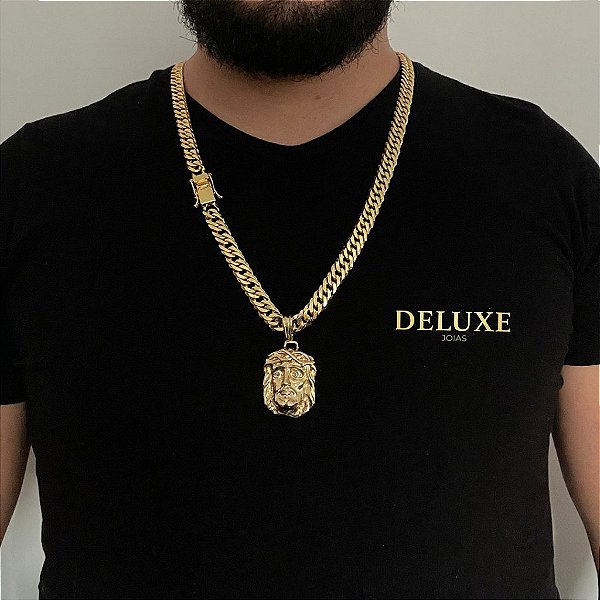 CORRENTE LACRAIA( 10mm -70cm) + PINGENTE ROSTO JESUS CRISTO CRAVEJADO GRANDE -  FECHO COM MARCAÇÃO 750 - BANHADO A OURO 18K