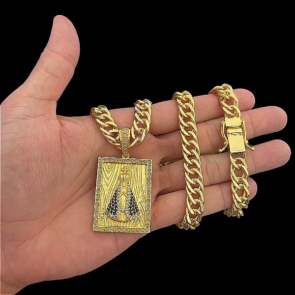 CORRENTE LACRAIA (13mm -70cm) + PINGENTE PLACA NOSSA SENHORA G  - BANHADO A OURO 18K