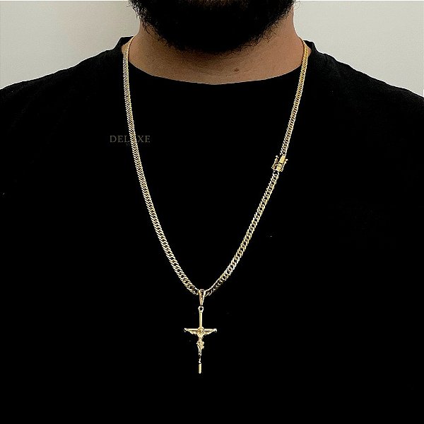 CORRENTE LACRAIA ( 4mm - 23G ) 70Cm + PINGENTE CRUCIFIXO - FECHO COM MARCAÇÃO 750  - BANHADO A OURO 18K.