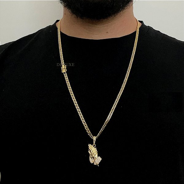 CORRENTE LACRAIA (4mm -70Cm )+ PINGENTE CRAVEJADO MÃO ORANDO - BANHADO A OURO 18K