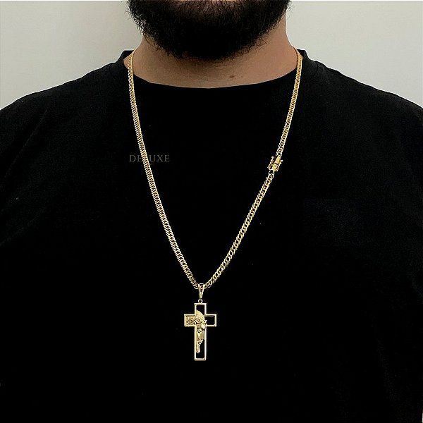 CORRENTE LACRAIA (4mm- 70Cm) + PINGENTE CRUCIFIXO VAZADO - BANHADO A OURO 18K