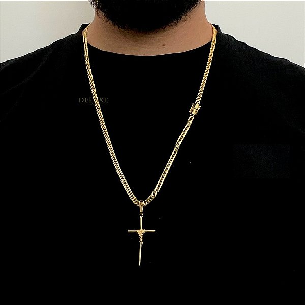 CORRENTE LACRAIA (4mm -70Cm )+ PINGENTE CRUZ AMARRADA -  FECHO COM MARCAÇÃO 750 - BANHADO A OURO 18K