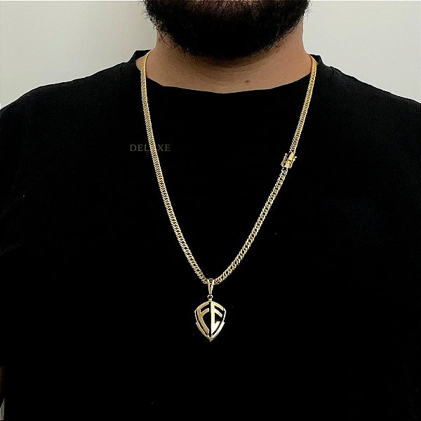 CORRENTE LACRAIA (4mm -70Cm) + PINGENTE ESCUDO DA FÉ VAZADO- BANHADO A OURO 18K