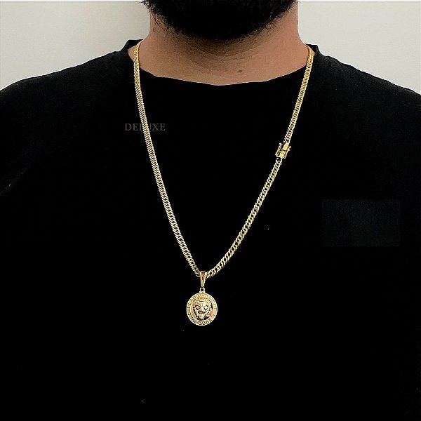 CORRENTE LACRAIA (4mm -70Cm )+ PINGENTE LEÃO DA TRIBO DE JUDA-  FECHO COM MARCAÇÃO 750 - BANHADO A OURO 18K