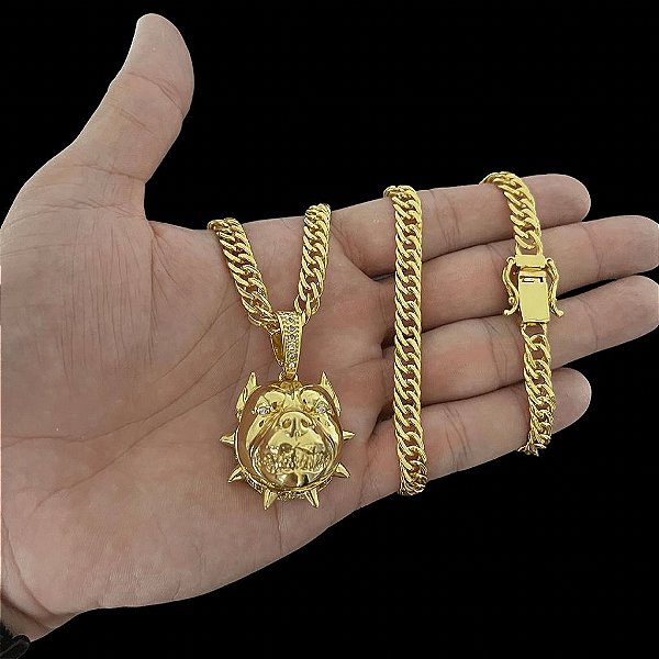 CORRENTE LACRAIA( 7mm- 70cm) + PINGENTE PITBULL 5D - FECHO COM MARCAÇÃO 750 -  BANHADO A OURO 18K.