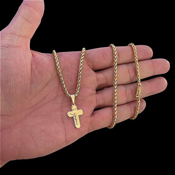 CORRENTE PERUANA ( 5mm- 70cm) + PINGENTE CRUCIFIXO  - BANHADO A OURO 18K.