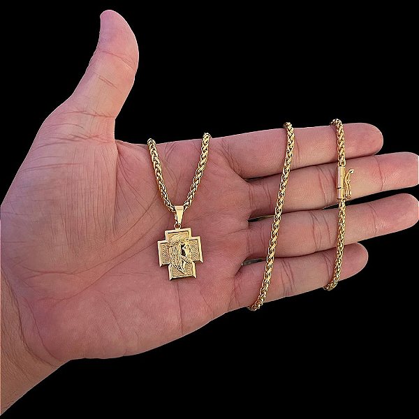 CORRENTE PERUANA( 5mm- 70cm) + PINGENTE CRUZ JESUS - BANHADO A OURO 18K.