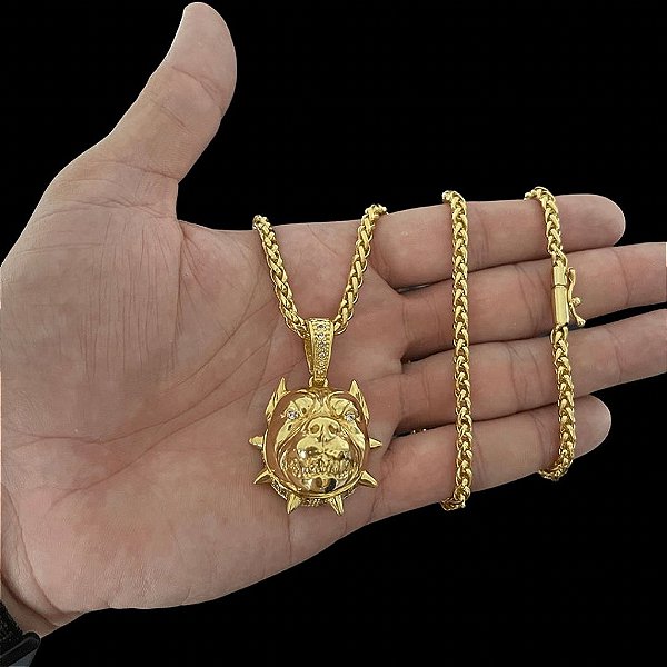CORRENTE PERUANA (5mm- 70cm) + PINGENTE PITBULL 5D - BANHADO A OURO 18K.