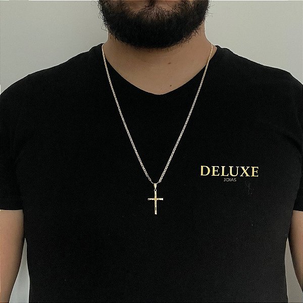 CORRENTE PIASTRINE( 1.8mm- 70cm) + PINGENTE CRUCIFIXO - BANHADO A OURO 18K.