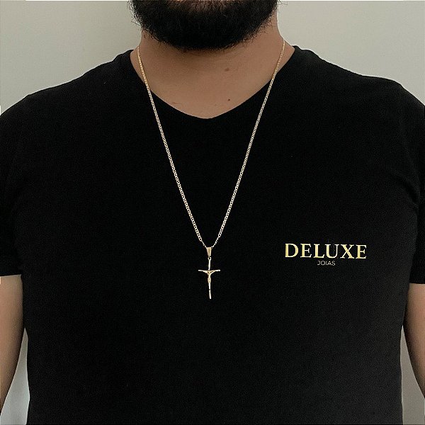 CORRENTE PIASTRINE( 1.8mm-70cm) + PINGENTE CRUCIFIXO -BANHADO A OURO 18K.