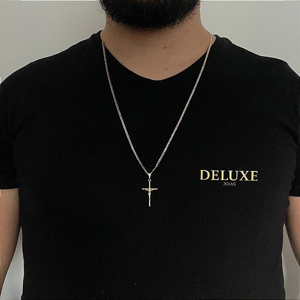 CORRENTE PIASTRINE( 1.8mm- 70cm) + PINGENTE CRUCIFIXO CONVERCIONAL P - BANHADO A OURO 18K.