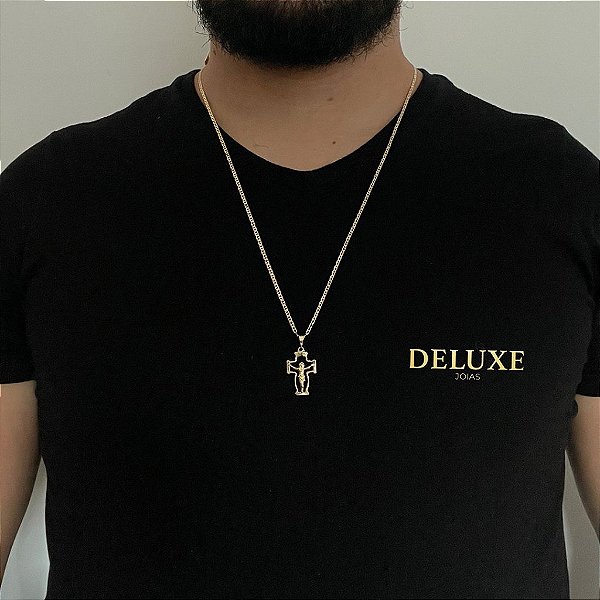 CORRENTE PIASTRINE( 1.8mm- 70cm) + PINGENTE CRUCIFIXO VAZADO P- BANHADO A OURO 18K.