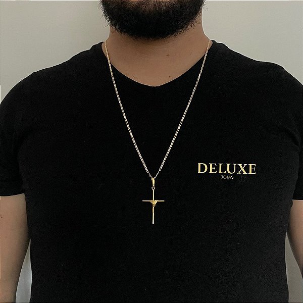 CORRENTE  PIASTRINE( 1.8mm- 70Cm) + PINGENTE CRUZ AMARRADA P -  BANHADO A OURO 18K.